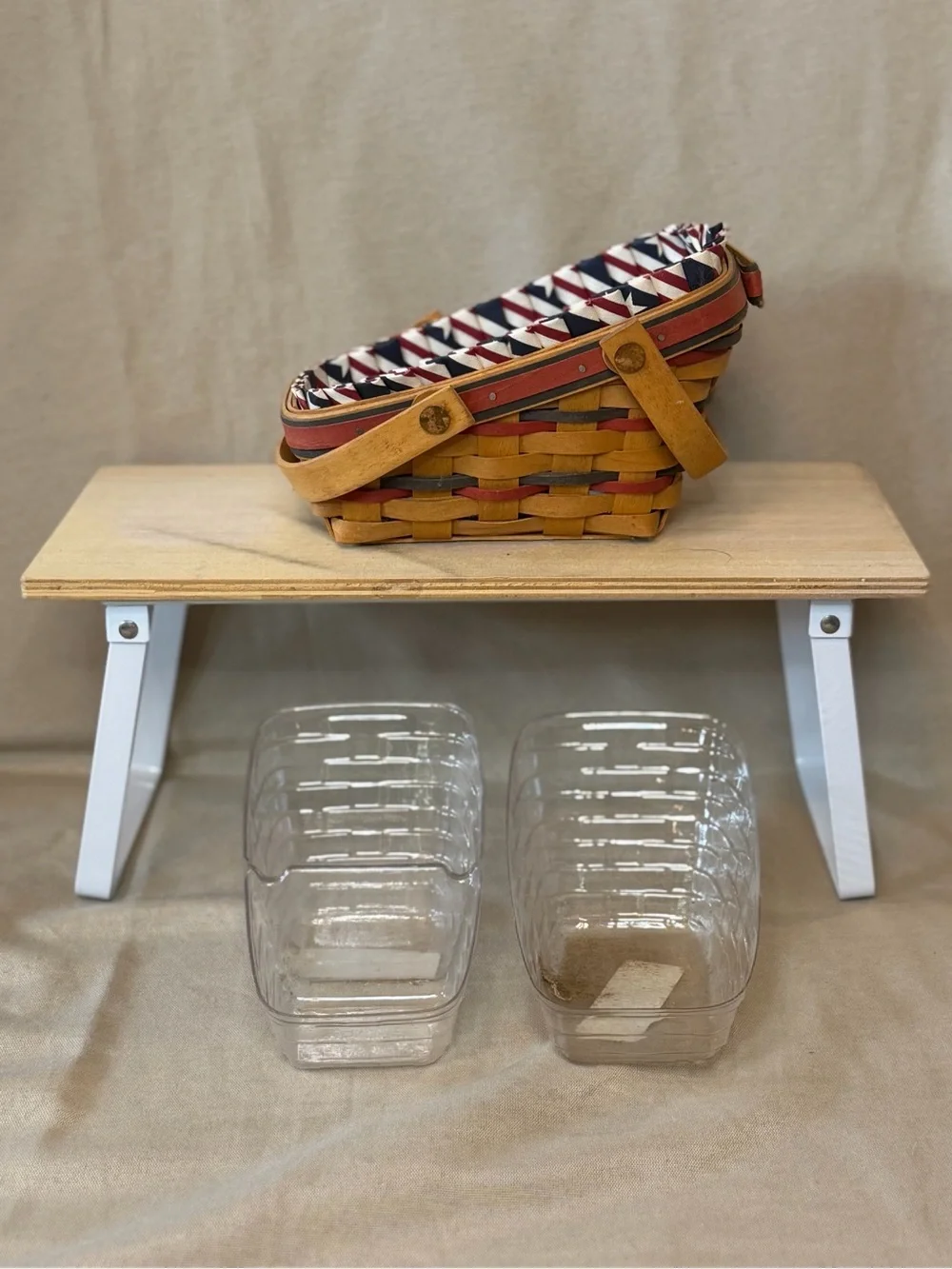 Longaberger Red, Brown, Tan Woven Basket with Fabric Liner and two protectors